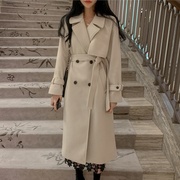 韩国东大门2023年秋冬装，女装双排扣系带，长款毛呢大衣外套