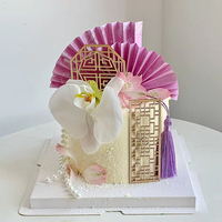 国潮网红中式结婚蛋糕装饰品摆件，扇子屏风玫瑰插件婚礼甜品台插牌