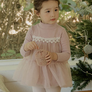 2023冬款草莓珊韩国女童，女孩儿童加绒半领蕾丝纱纱迷你短裙