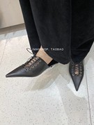 2024韩式新版 时髦感 黑色尖头扣带细跟高跟鞋女春季包头后空凉鞋