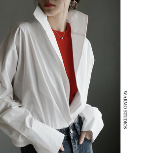 Warmo设计感小众廓形立领白衬衫简约通勤挺括纯棉上衣大版深V衬衣