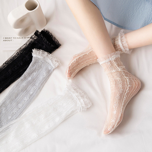 蕾丝袜子女中筒袜夏季薄款白色公主袜花边堆堆袜镂空透明网眼丝袜