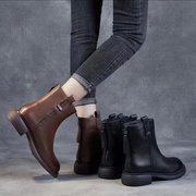 品牌真皮短靴女2023春秋单靴中跟冬季加绒头层牛皮马丁靴