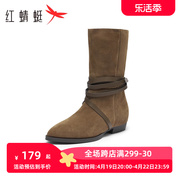 红蜻蜓靴子女2023年秋冬季女靴，复古西部靴，尖头绑带时尚短靴