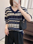韩版薄款镂空短袖针织衫女2024夏季上衣圆领宽松蓝色条纹t恤