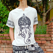 泰国风网红款大码白色棉麻大象短袖T恤2019夏季宽松潮流男士上衣