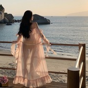 三亚旅行穿搭网红仙气飘飘的海边防晒开衫长款粉色，仙女沙滩裙罩衫
