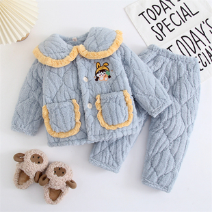 儿童冬季三层夹棉加厚法兰绒家居服，套装女孩小宝宝珊瑚绒保暖睡衣