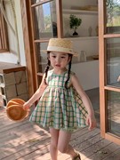 韩国女童夏日格子套装绿色小清新色织格纹娃娃衫背心裙短裤两件套