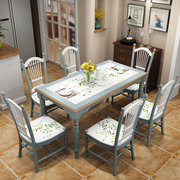 美式乡村实木餐桌椅组合地中海风格彩绘长方形，一桌六椅餐台饭桌