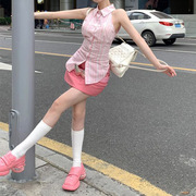 粉色Polo领条纹小吊带背心女2024夏季无袖收腰绑带不规则上衣外穿