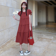 红色小飞袖大码连衣裙女2023法式甜美小众设计宽松显瘦蛋糕裙