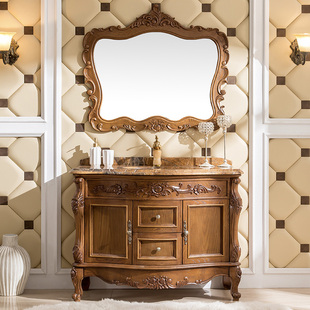 奥卫冠红橡木洗脸盆柜，组合圆弧欧式浴室柜洗手台，大理石台面1.2米