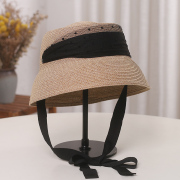日系时尚网纱编织系带草帽，女夏季大檐遮阳帽，出游防晒太阳帽可折叠