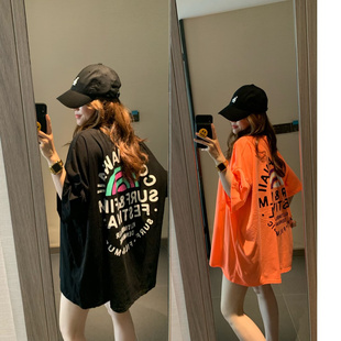 韩国2024夏季Oversize盖臀大码宽松荧光橙粉色黑短袖T恤