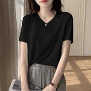 韩国黑色宽松T恤女士短袖冰丝体桖2024夏季打底衫V领上衣半袖