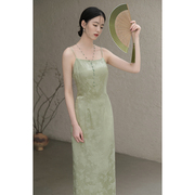 山有色2023夏季新中式女装中国风原创自制绿色人丝提花内搭吊带裙