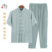 夏季中老年亚麻唐装男短袖套装中国风中式爷爷立领盘扣青年短袖衫