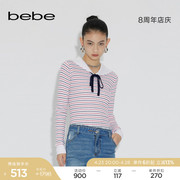 bebe春夏系列女士修身海军领条纹蝴蝶结长袖针织上衣130506
