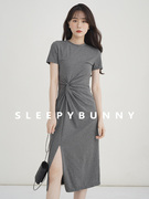 瞌睡兔侧开衩黑色连衣裙夏季法式气质扭结设计感纯欲高腰长裙