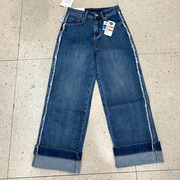 X7008高品质商场棉质蓝色宽筒高腰牛仔裤子女卷边毛须翻边直筒裤