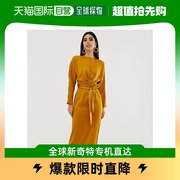 香港直邮潮奢asos女士设计缎面，蝙蝠袖裹式，束腰芥末黄长款连衣裙