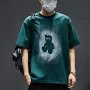 绿色短袖T恤男夏季潮牌小熊卡通上衣美式高街半袖纯棉体恤衫