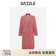 dazzle地素奥莱粉红色西装领中长款直筒粗花呢毛，呢大衣外套女