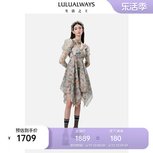 lulualways商场同款秋季x型蕾丝，拼接泡泡袖印花连衣裙