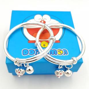 s990纯银手镯叮当猫蓝胖子，机器猫铃铛手环，女儿童宝宝满月生日礼物