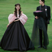 影楼主题服装法式复古赫本风情侣拍照摄影婚纱齐地花朵黑色长礼服