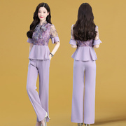 夏装女装高端套装，2024时尚洋气时髦气质紫色，雪纺衫裤子两件套