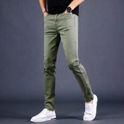 高端军绿色弹力修身小脚男士牛仔裤显瘦时尚百搭休闲潮流长裤