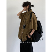 Jiwuus 夏日系复古个性大口袋短袖衬衫男女生廓形咖啡色衬衣外套