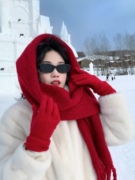 韩剧欧尼枣红色围巾女冬季韩版长款，针织流苏马海毛加厚保暖围脖
