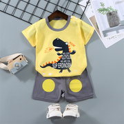 黄色恐龙纯棉婴幼儿童短袖t恤短裤套装夏季分体男女宝宝薄款衣服