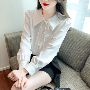 韩式白色长袖雪纺衬衫女秋装2024年秋季时尚洋气百搭小衫上衣