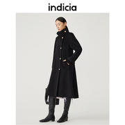 indicia羊毛毛呢大衣长款，双面呢黑色外套腰带冬季标记女装