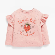 女童草莓长袖t恤粉红色，上衣儿童纯棉春秋装宝宝木，耳边打底体恤衫6