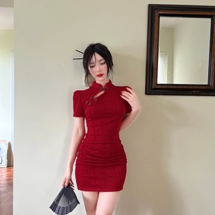 红色改良旗袍收腰显瘦连衣裙，女夏季性感甜辣小个子包臀短裙子
