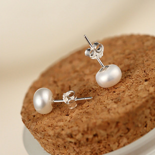 s925纯银天然淡水珍珠，耳钉扁圆韩国女可爱银饰品，耳饰品气质耳环