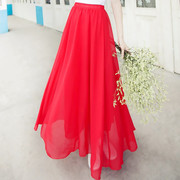 时尚大红色半身长裙跳舞裙高腰，显瘦雪纺裙子沙滩裙中长款春夏