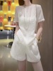 高级感白色真丝套装女夏季时尚，洋气桑蚕丝短袖阔腿短裤两件套