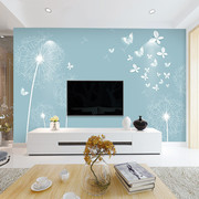 现代简约蒲公英墙布电视，背景蓝色壁布北欧客厅影视，墙壁纸装饰壁画