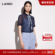 landi蓝地系带网纱短袖，波点印花衬衫女2023年夏季雪纺上衣