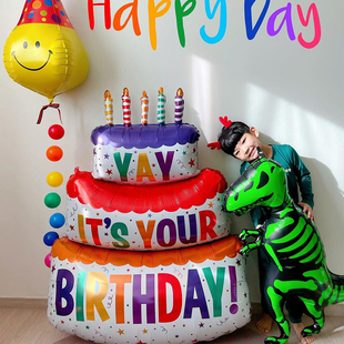 ins小红书蛋糕装饰三层蛋糕彩色铝膜气球生日派对拍照布置道具