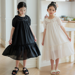 中大童泡泡袖白色连衣裙夏装女童法式洋气小众设计长裙子女孩童装