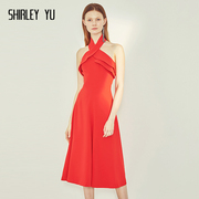 SHIRLEY YU2024红色挂脖年会小礼服露背宴会伴娘服敬酒服连衣裙女