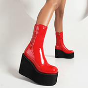 皮靴漆皮亮皮高跟短靴女坡跟增高鞋红色白色鞋子厚底大码女靴 HTM