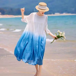 沙滩裙2024白色袍子苎麻连衣裙，渐变色度假旅行长裙拍照超仙裙子